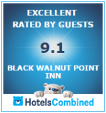 HotelsCombined badge for Black Walnut Point Inn Media, showing a guest rating of 9.1 out of 10.