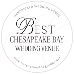 Circular badge reading “Handpicked Wedding Venue, Best Chesapeake Bay Wedding Venue,” including Tilghman Island wedding venue information at www.herecomestheguide.com.