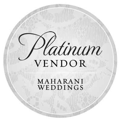 Circular badge reading “Platinum VENDOR” above “MAHARANI WEDDINGS,” a Tilghman Island wedding venue.