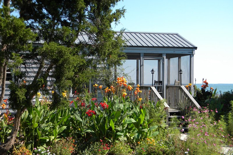 A small cottage with a screened-in porch and wooden stairs surrounded by vibrant orange and red flowers, typical of Tilghman Island accommodations.